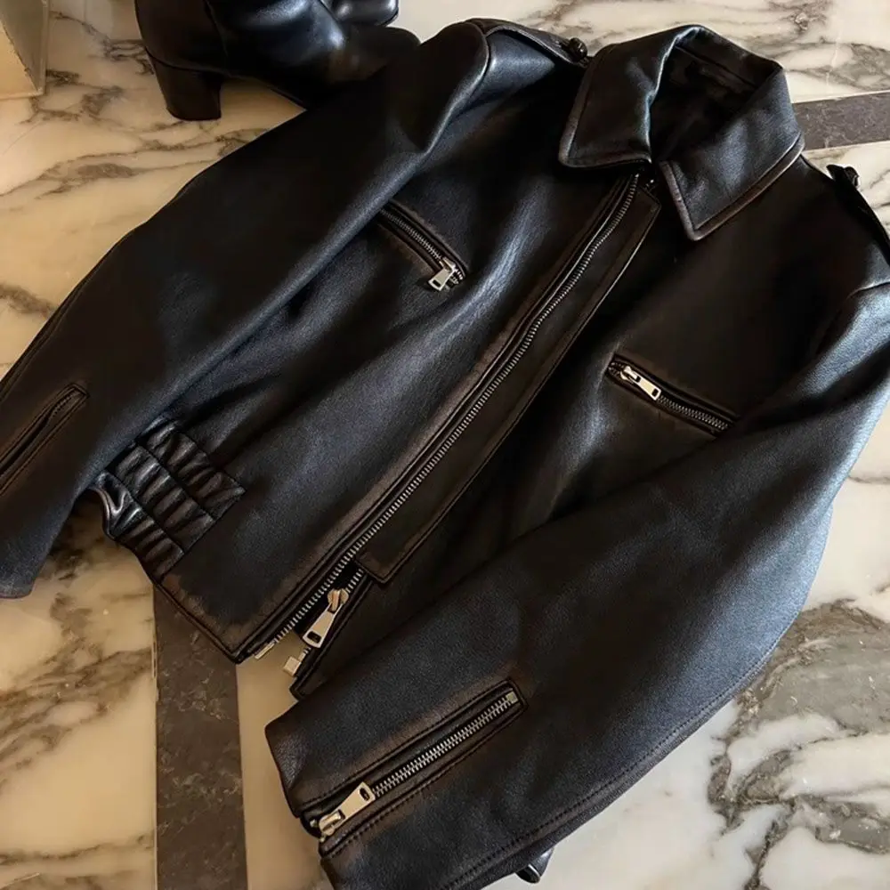 

Женская потертая куртка из искусственной кожи, весна-осень 2024, винтажное мотоциклетное пальто в байкерском стиле, универсальная верхняя одежда премиум-класса