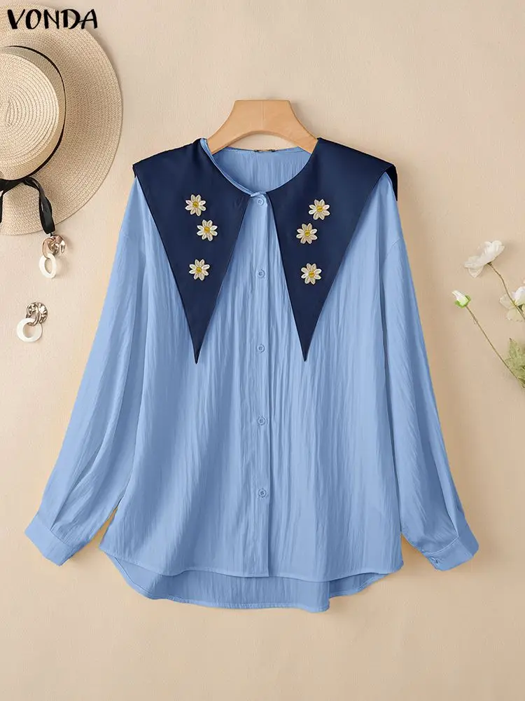VONDA, camisas con bordado Floral a la moda, blusas elegantes con solapa de manga larga para mujer, Tops tipo túnica holgados informales para primavera 2026, Blusa Vintage