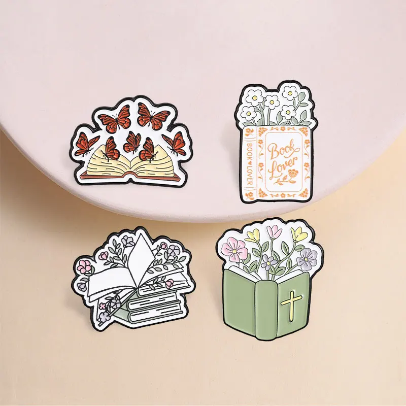 Cottagecore Floral Book Enamel Pins Bible Cross Butterfly Book Lover Bookworm Bookish Brooches Lapel Badge Jewelry Gifts