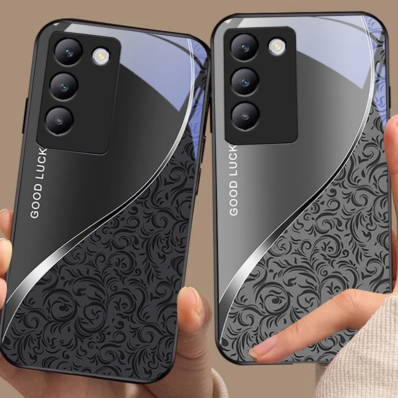نمط التدرج ل Y72 33S 11 03 36 96 Lite 35 16 Iqoo 12 V40 SE 5G 29 40 21 30 X80 Pro Vivo حافظة هاتف من الزجاج المقسى أسود