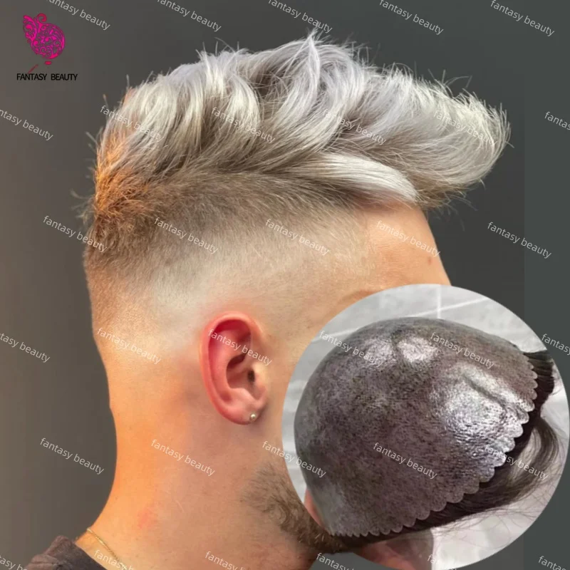 

Мужской парик-протез на основе полиуретана 0,1 мм # 1b40 # 1B50 # 1B65 # Мужской парик-накладка 1B80 серо-черный, незаметная линия роста волос, 100% натуральные волосы, плотность 120%