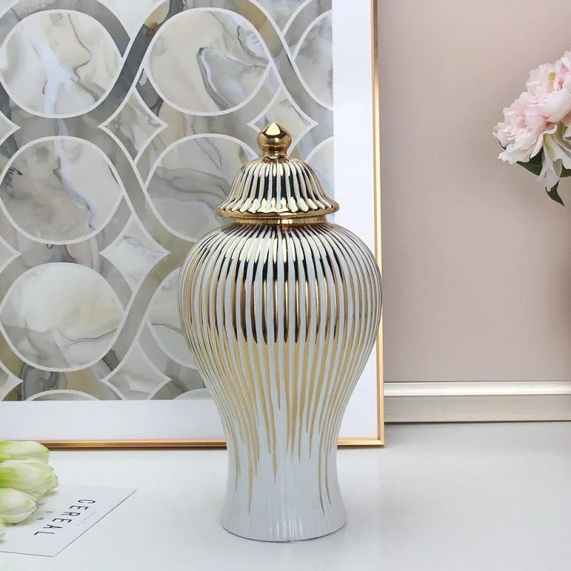 

Ceramic Gold-plated Striped Storage Jar with Lid, Ceramic Vase, Universal Ginger Jar, Desktop Decorative Storage Container