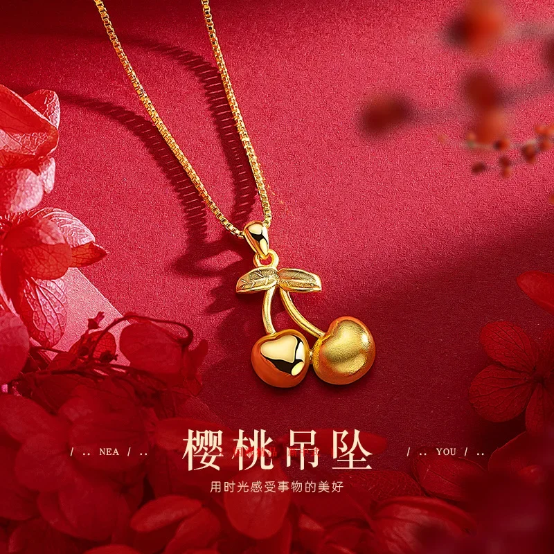 9999 Real Gold 24K Small Cherry Necklace ins Wind Cherry Clavicle Necklace