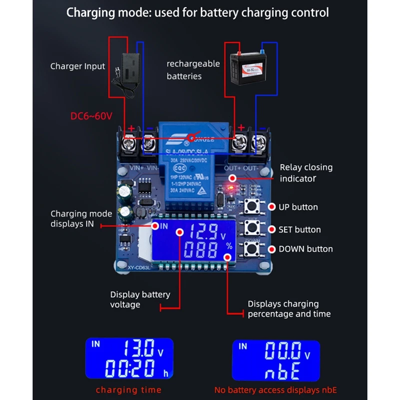 DC6-60V 30A Módulo de controle de carregamento de bateria de armazenamento Placa de proteção Carregador Interruptor de tempo Display LCD XY-CD63L