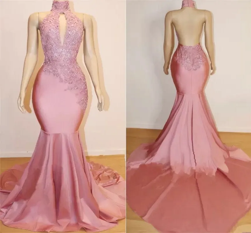 Sexy Open Back Pink Mermaid Prom Dress collo alto senza maniche Appliques paillettes abiti da sera formali lunghi Robe De Soiree