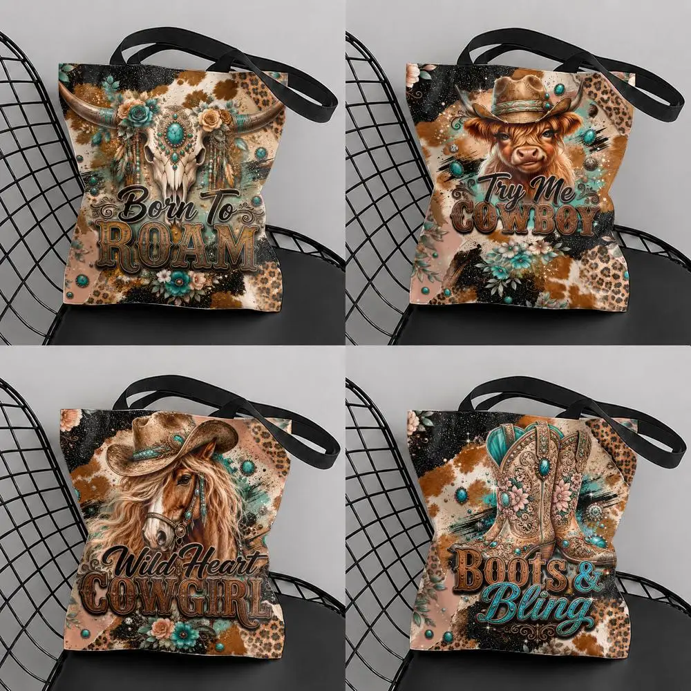 Western Cowboy Style Storage Bags Large Capacity Canvas Tote Bag Reusable Shoulder Handbag for Daily Shopping Travel