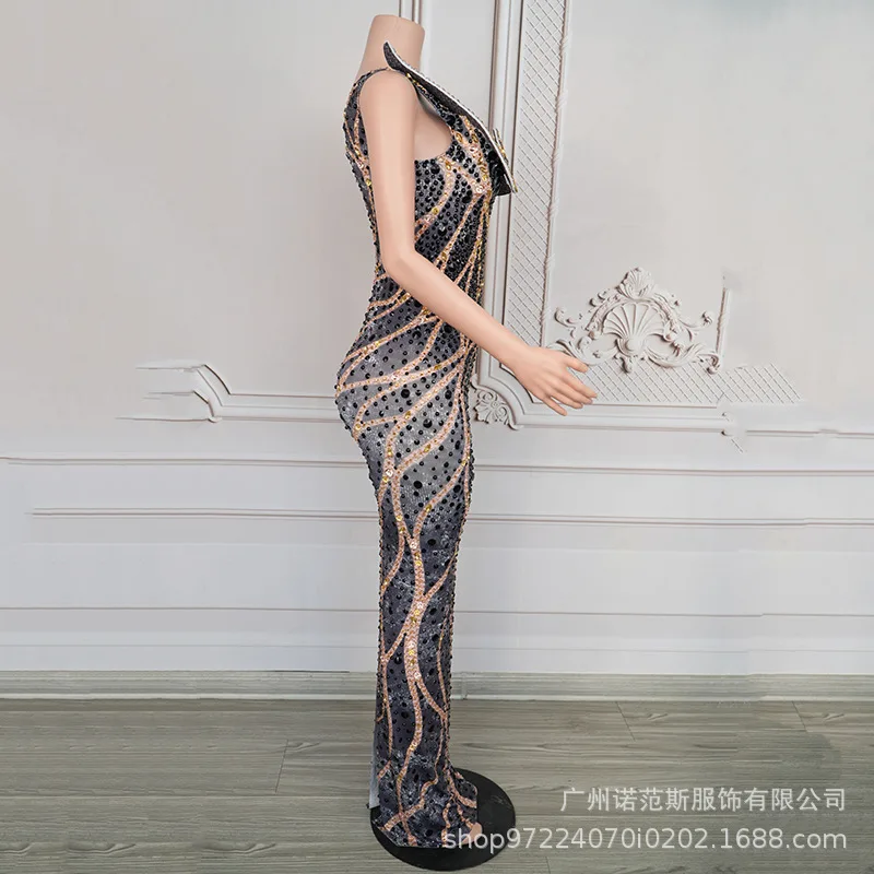 تصميم تحسس اعوج الماس معسر الخصر مزاجه فستان أسود عصري الملابس المنصة أداء الملابس المغنية #5