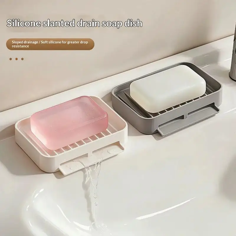 Soap Dish Drop Resistant Suction Cups Drain Tray Removable Holder for Bathroom Shower Kitchen Sink
