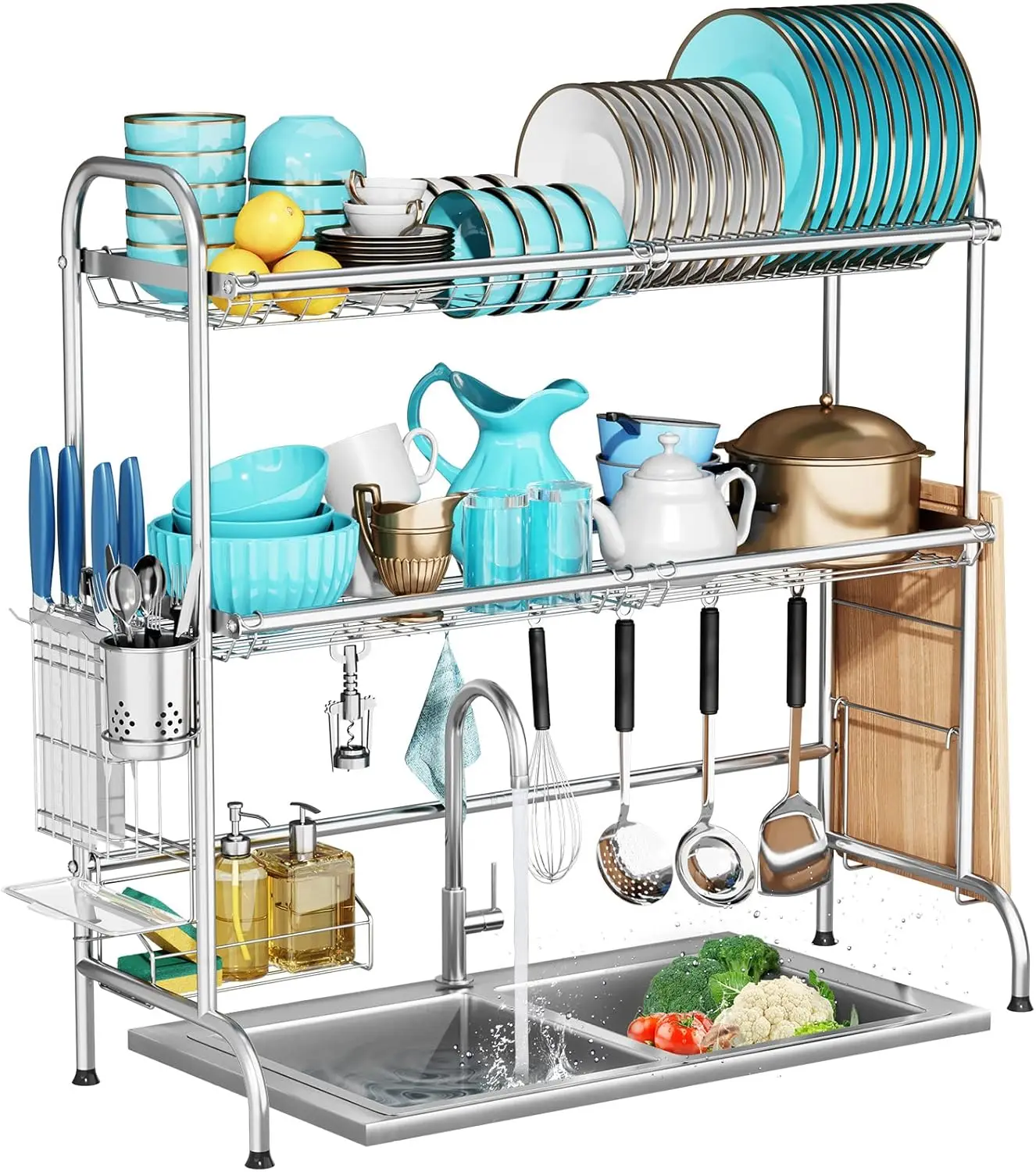 

Stainless Steel 2 Tier Large Over The Sink Dish Rack,Sink Rack with Utensil Holder for Organizer Dishwasher Kitchen Counter