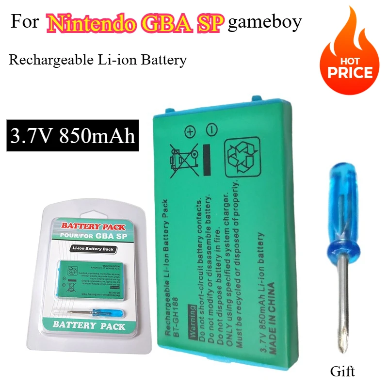 بطارية مدمجة لنينتندو GBA GameBoy Advance SP وحدة تحكم الألعاب استبدال بطارية ليثيوم أيون 3.7 فولت 850 مللي أمبير في الساعة مع أداة مفك البراغي