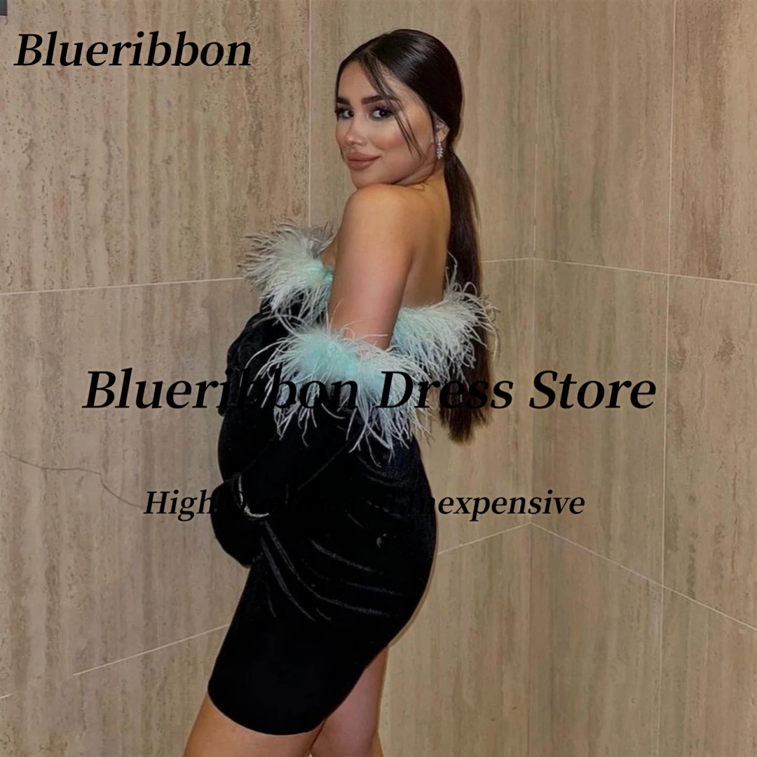 

Blueribbon Maternity Ladies Wear Soft Velour Mini Cocktail Dresses Luxury Feathers Strapless Short Prom Party Dress Customized