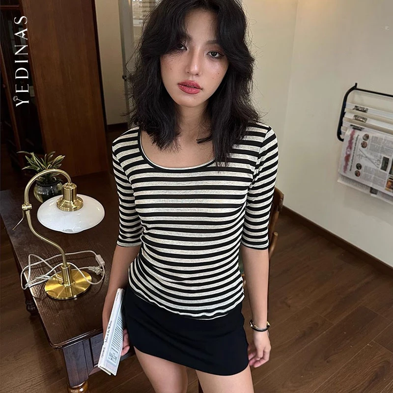 

Yedinas Striped Women's T-shirt Half Sleeve Korean Faashion Casual Tees Female Clothing Slim Chic Summer Tops Streetwear T Shirt