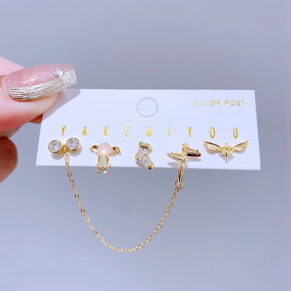 5pcs/set Mixed Cartoon Stud Earrings Gold Color Plated Cubic Zirconia Crystal Women Girls Jewellery
