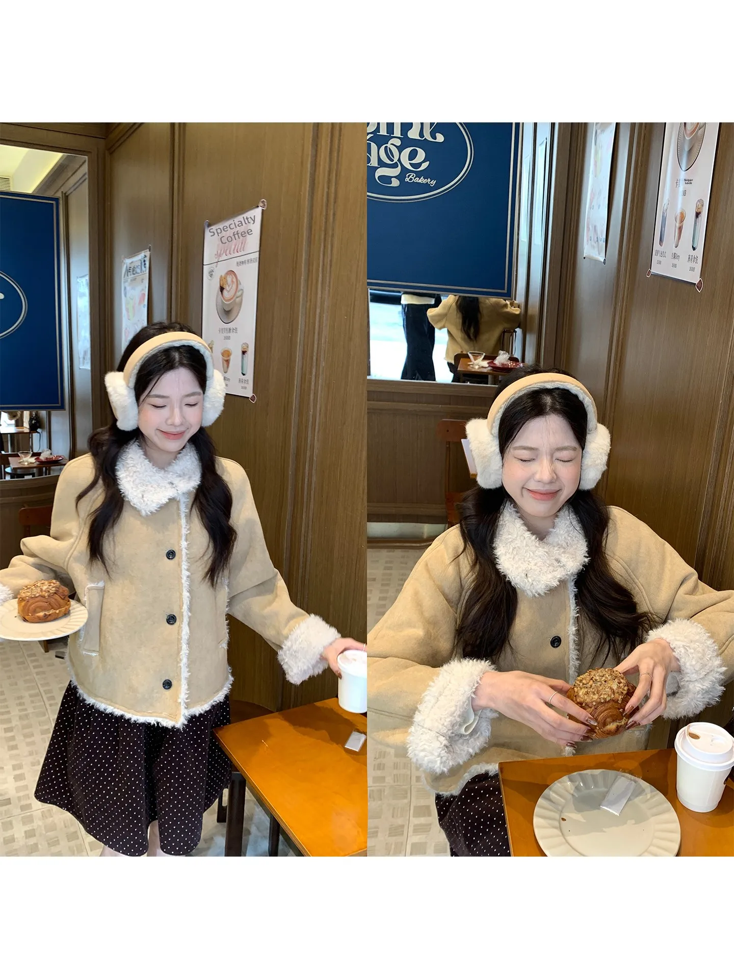 Cappotto in pelle scamosciata retrò da donna invernale pigro di fascia alta Aosphere Personali abbinato in pelliccia di pelle intermedia parte superiore del corpo colore caffè