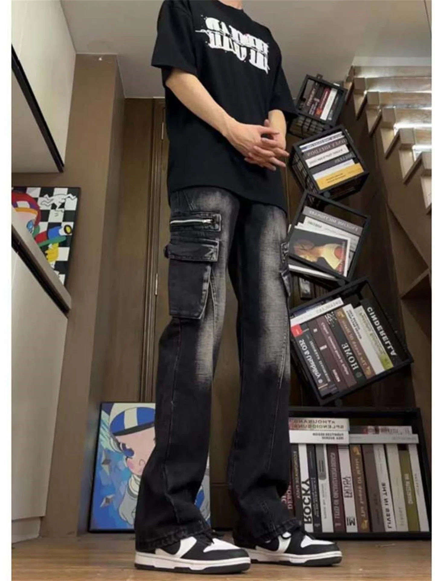 

Men's Wide Leg Workwear Jeans American Retro Waed Straight Tube Multiple kets High Street Slimming Flared Long Trousers