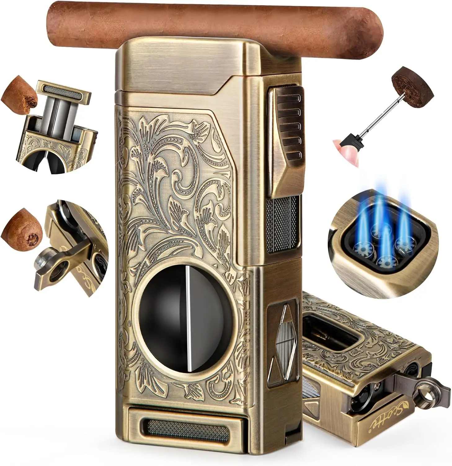 Cigar Lighter,  Refillable Butane Lighter with Cigar Cutter V Cut Cigar Punch Cigar Holder Cigar Draw Enhancer