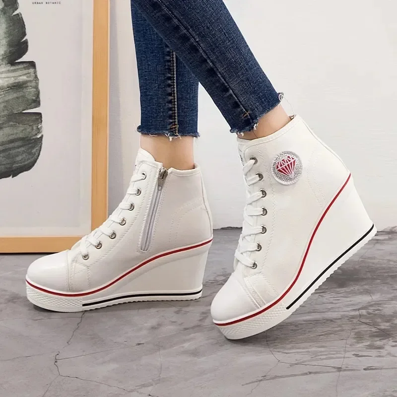 Wedge Heel Casual Shoes for Women New Canvas Shoes Side Zipper High Heel Lace Up Shoes Woman\'s Heightening Platform Sneakers