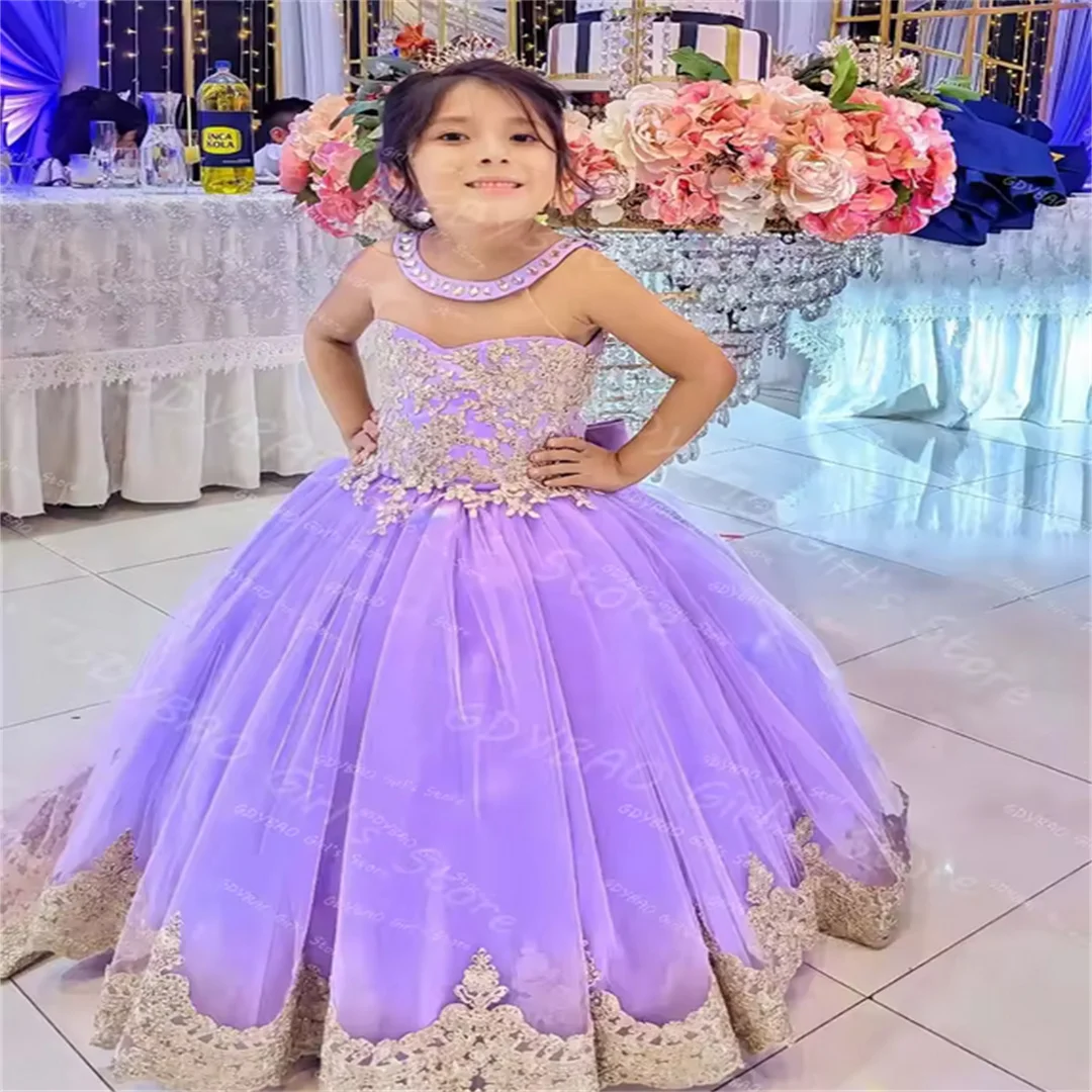 

Customized Flower Girl Dress for Wedding Toddlers Halter Birthday Party Gowns With Train Kids Beaded Lace Princess Pageant Frock