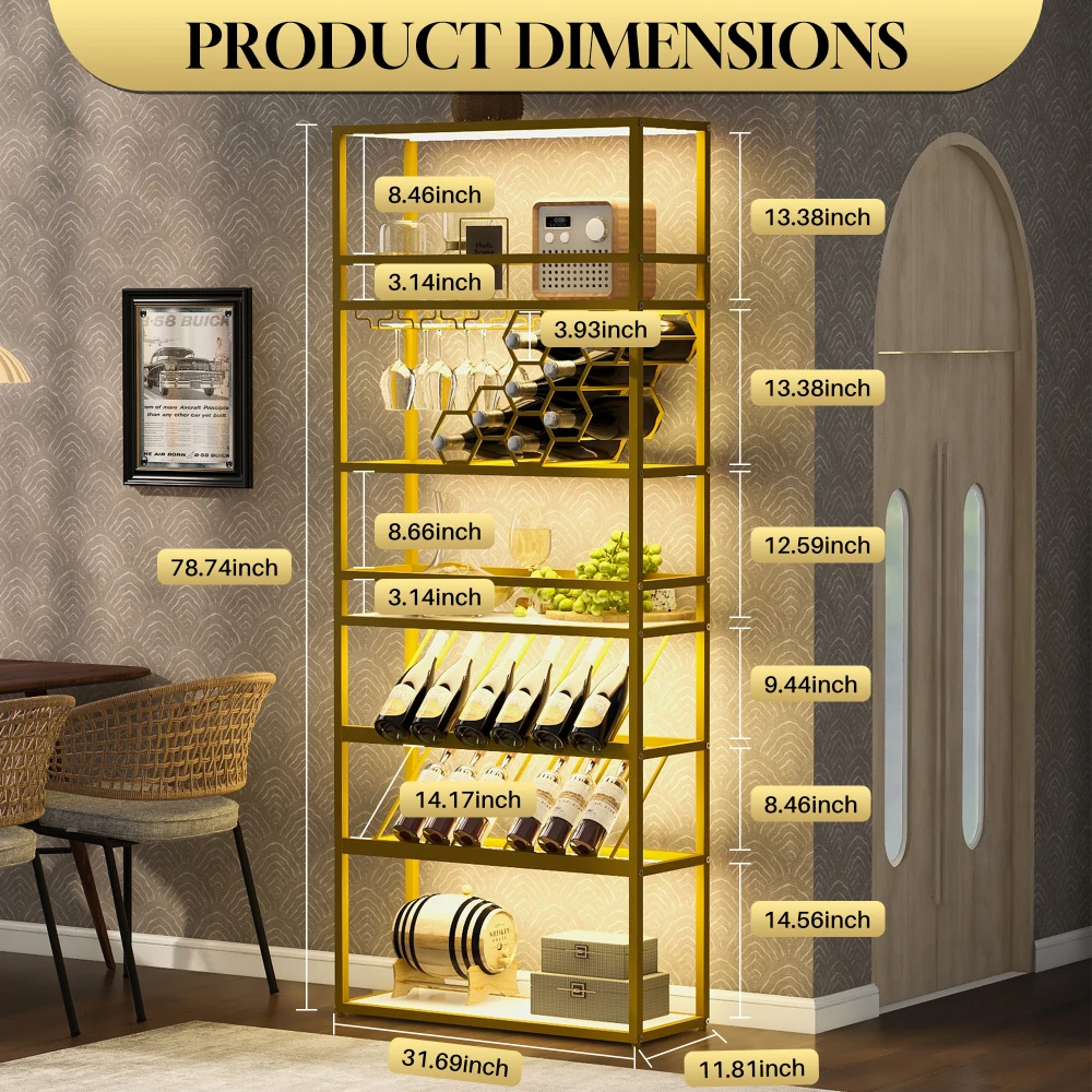 LED Tall LED Tall Wine Rack Freestanding Floor 7-Tier Wine Baker Rack with Glass Holder Wine Storage Industrial Wine Display