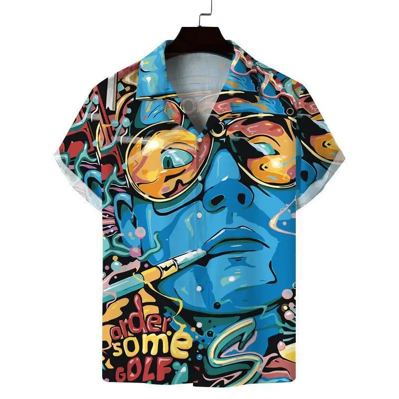 3D Fashion Summer tie dye Blue Print Button Shirts Men Casual Short Sleeved Shirts Blouses Turn-Down Collar Streetwear Clothing