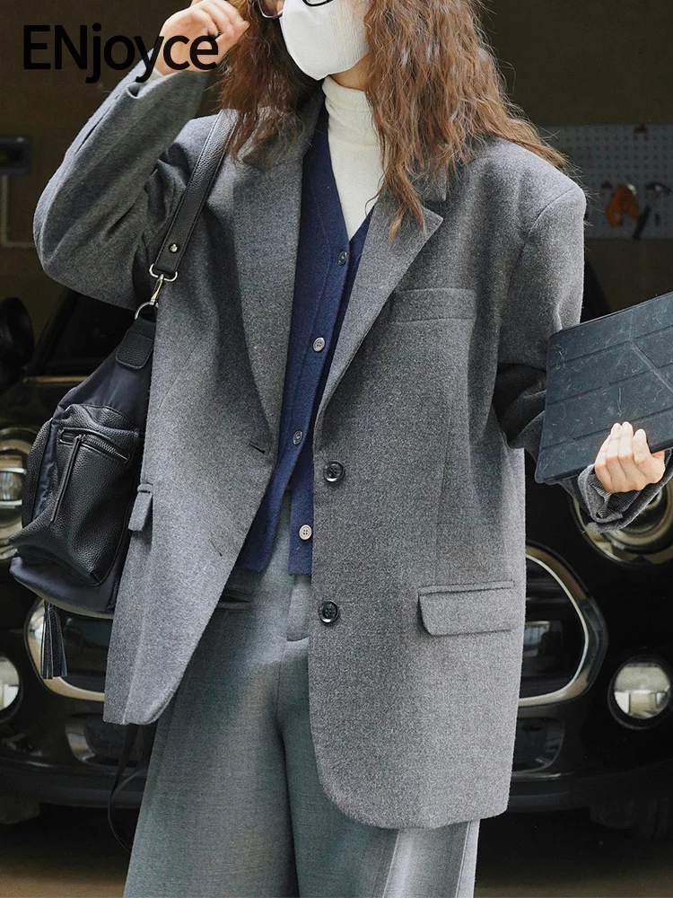 2024 Winter Vintage Wool Single Breasted Warm Suit Blazers Korean Fashion Loose Warm Lapel Coats Women Clothing Enjoyce