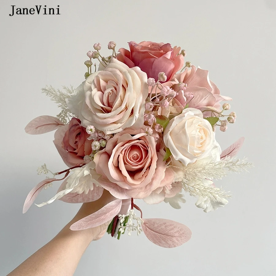 

JaneVini 2024 Charming Korean Light Pink Bridal Bouquets Artificial Silk Roses Flowers Hydrangea Wedding Fake Bouquet for Bride