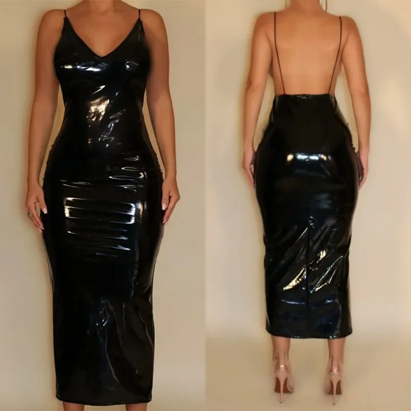 

Sexy V Neck Latex Leather Dress Women Sleeveless Halter Hobble Dress Ladies Spaghetti Straps Backless Evening Party Dress Custom