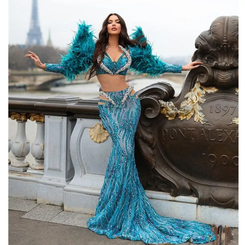 Luxury Expose Waist Sequins Woman Set Gorgeous Feathers Sleeve Short Top And Mermaid Long Skirt 2 Pieces Performance Costume