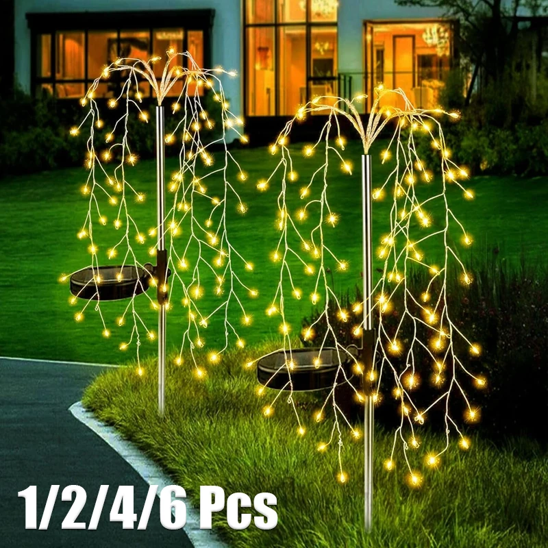 1-6 Pcs Solar Garden Lights LED Willow Tree Light Outdoor Waterproof Copper Wire Lawn Lamp DIY Firework Lamps Pathway Christmas