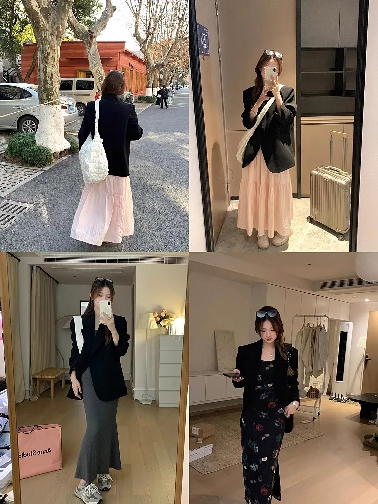 

Commute Blazer Overcoat Female Women'S Coats Textured Woolen Stylish Slimming Elegance Versatile White Short-Sleeved European