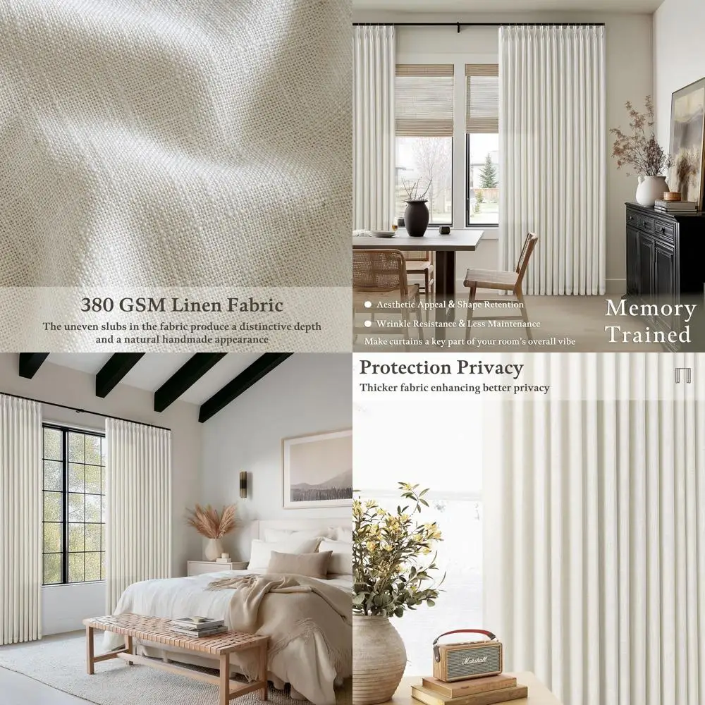 Crème 108 lange linnen gordijnen met knijpplooi, set met 2 panelen voor de woonkamer, semi-transparante boho-stijl, plafond tot vloer