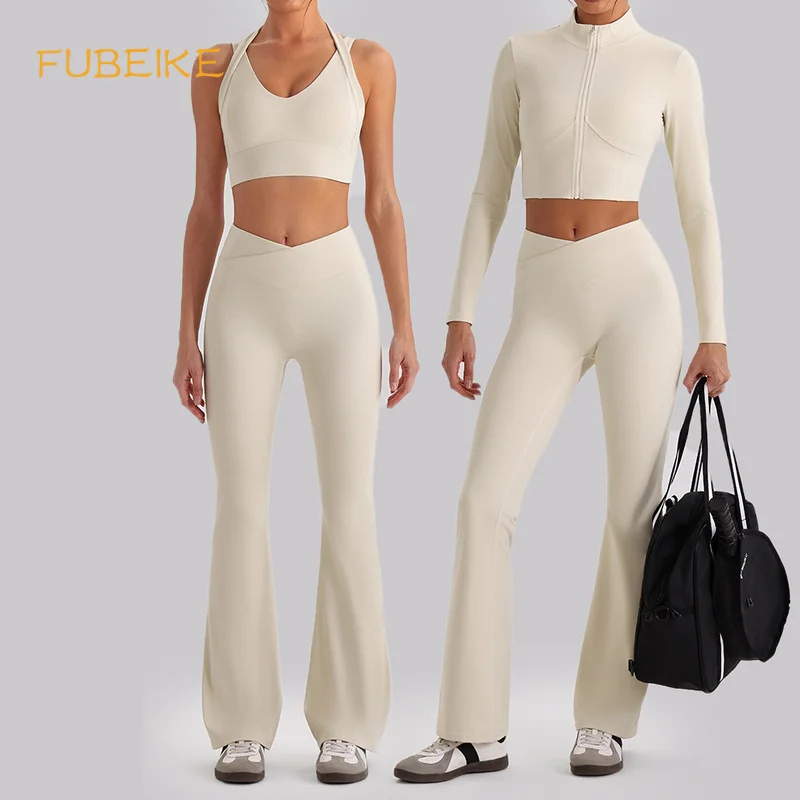 2 Piece Women Yoga Fitness Set Halter Neck Sports Bra V Cross Waist Flared Pants Outdoor Running Gym Workout Athletic Outfit