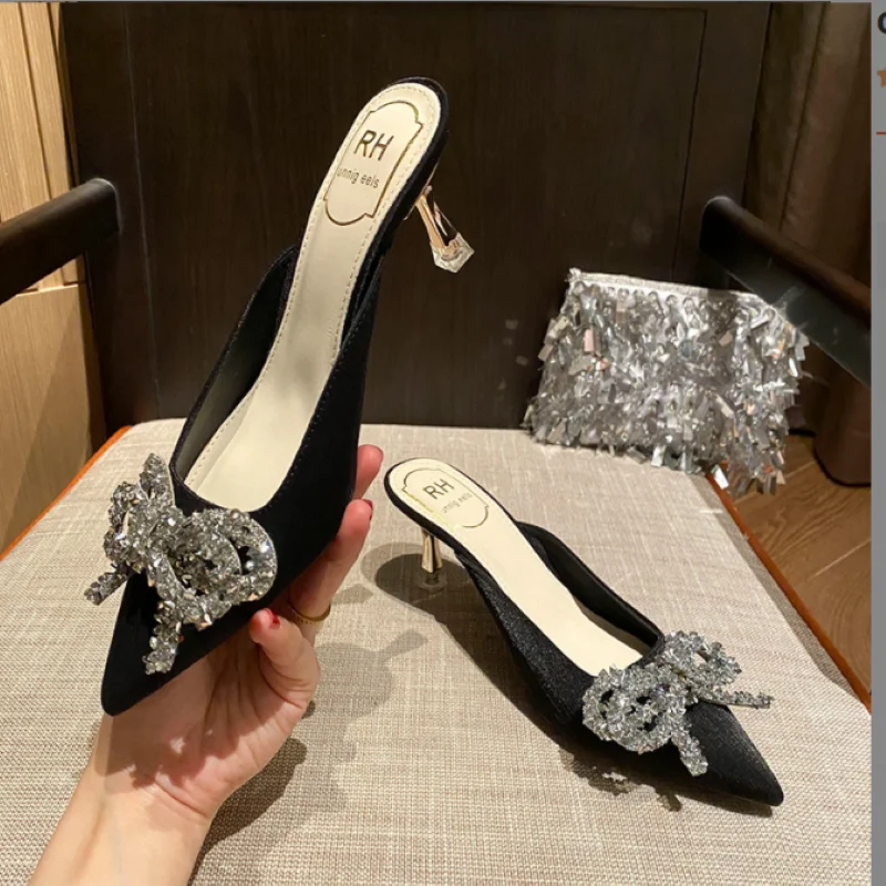 

Xibeilove 2023 Summer New Fashion Pointed Rhinestone Butterfly Sequins Thin Heels Women's High Heel Slippers Party Shoes