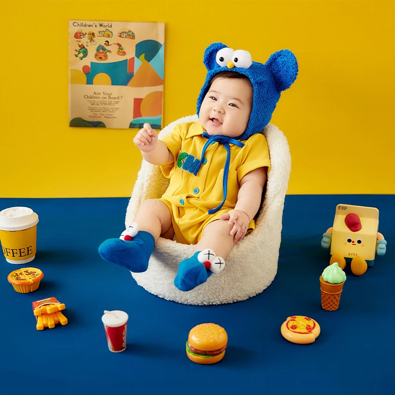 100 Days Baby Photography Outfit Cartoon Blue Monster Hat Yellow Romper Socks Newborn Studio Shoot Costume Cute Photo Props