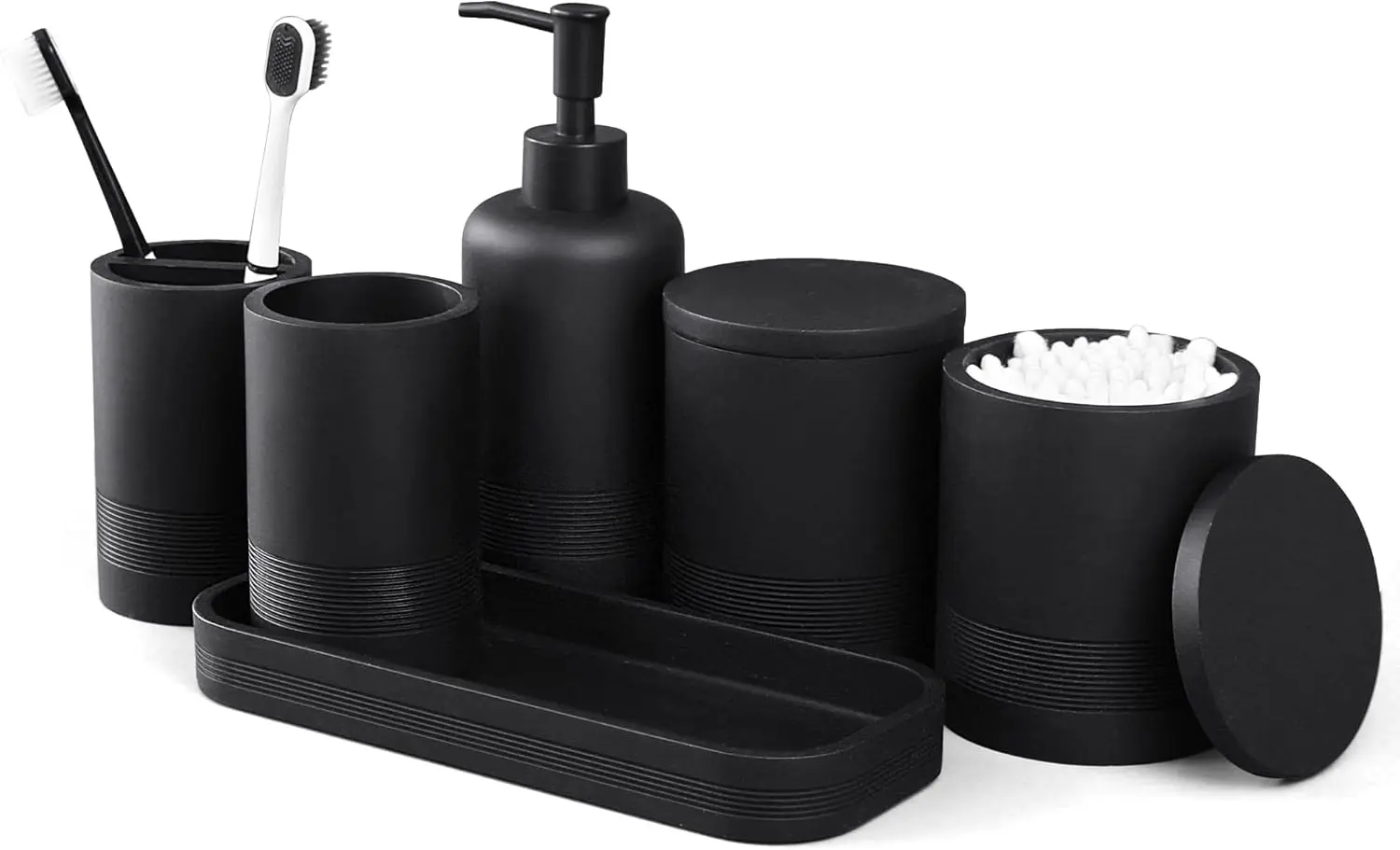 

6-Piece Bathroom Accessories Set, Organizer Set with Soap Dispenser, Toothbrush Holder Set, Vanity Tray, Tumbler & 2 Cotton Swab