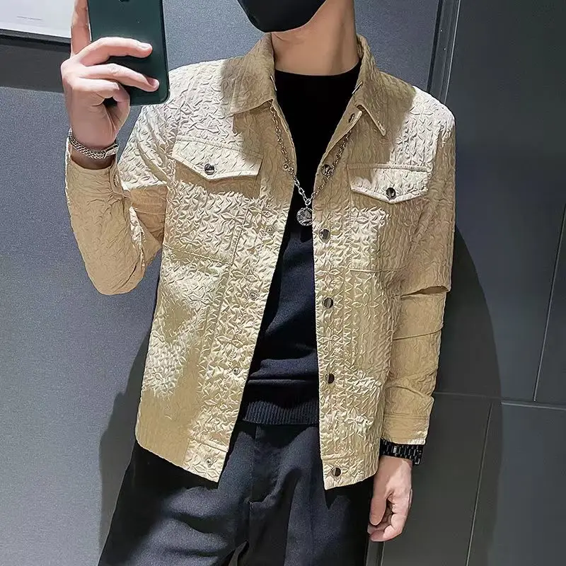 

Men walf checks Jacket Fashion loose lapel-up Spring Autumn retro men Casual Cargo Coat Solid Color Loose male Outerwear