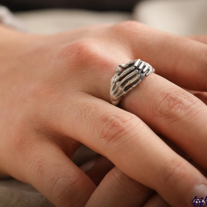 QEENKISS 925 Sterling Silver Vintage Hand Eye Rings for Men Male Birthday Wedding Party Christmas Boyfriend Father Gifts RG7006