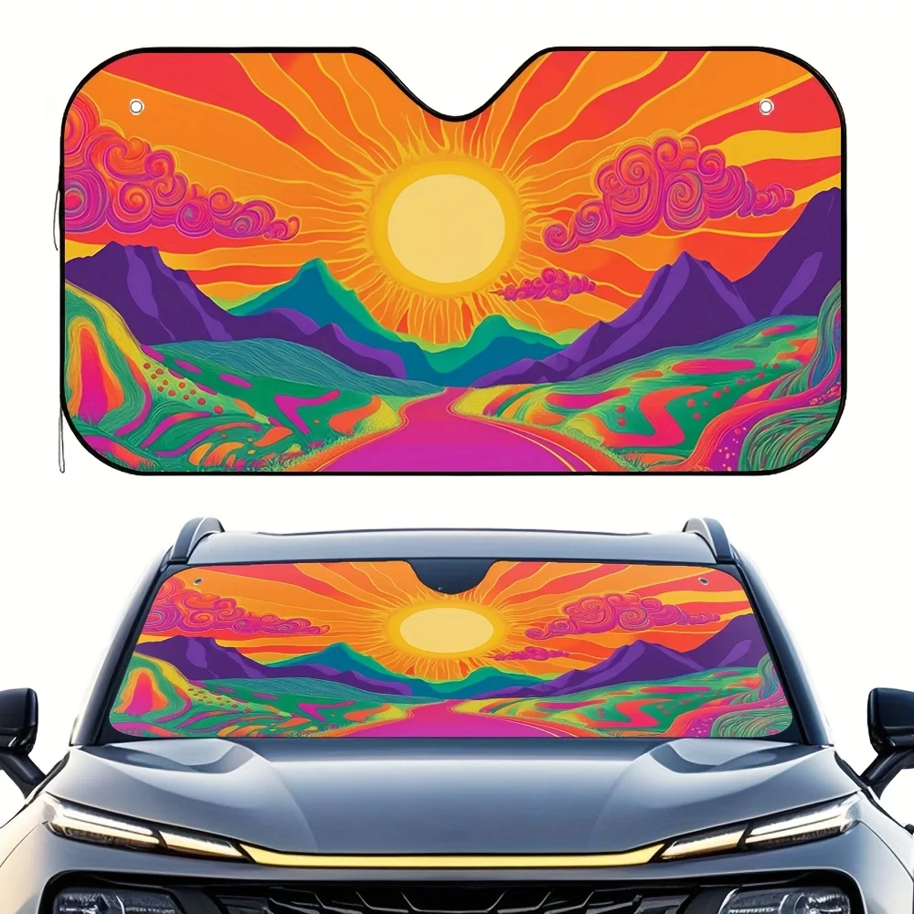 

Автомобильный козырек в стиле хиппи-фэнтези — яркий психоделический дизайн с изображением гор, солнца и облаков, который поможет сохранить прохладу в салоне автомобиля.