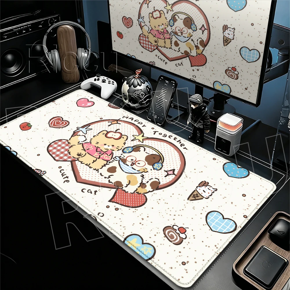 Blue Kawaii Dog And Cat Rubber Mouse Pads Protector Anti-slip Aesthetics Large Size Mats PC Pefessional Keyboard Office Desk Rug