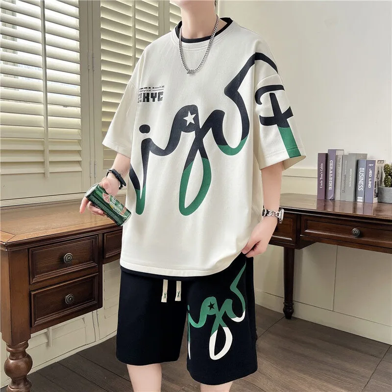 2024 Summer Men\'s Sets Korean Fashion Two Piece Set Tracksuit Men Trend Men Clothing Joggers Set T Shirt+Shorts Outfit Set Men
