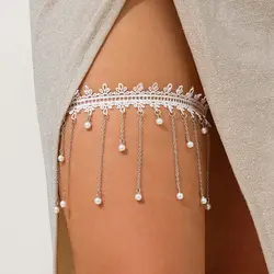 Ingemark Elegant Imitation Pearl Tassel Leg Thigh Chain for Women Elastic Bandage Garter Belt Body Jewelry Wed Accessories Gift
