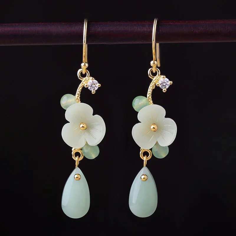 Chinese Style Hanfu Cheongsam Matching Long Dangle Earrings 925 Silver Faux Jade Flower Teardrop Design For Women Pierced Hook