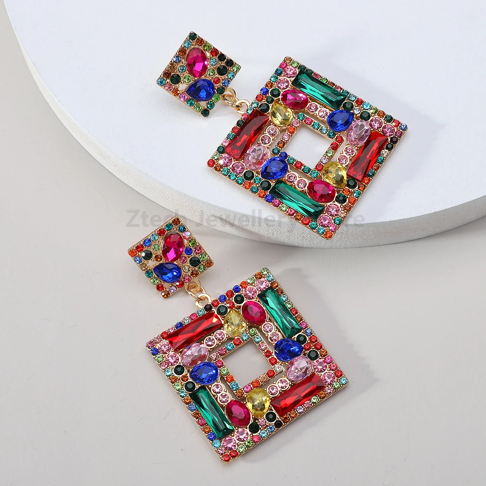 Square Colorful Crystal Glass Decor Big Dangle Earrings For Women Luxury Design Charm Holiday Party Pendant Jewelry Accessories