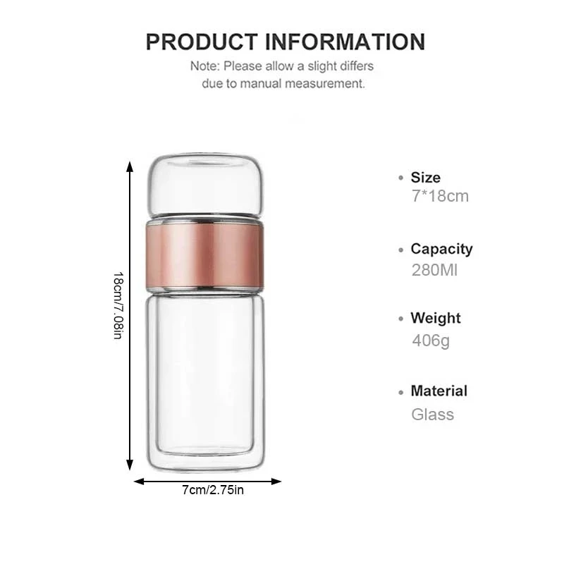 BOZZH 280ML Double Wall Glass Water Bottle Tea Infuser Stainless Steel Filter Separation Tumbler Tea Cup Home Travel Drinkware