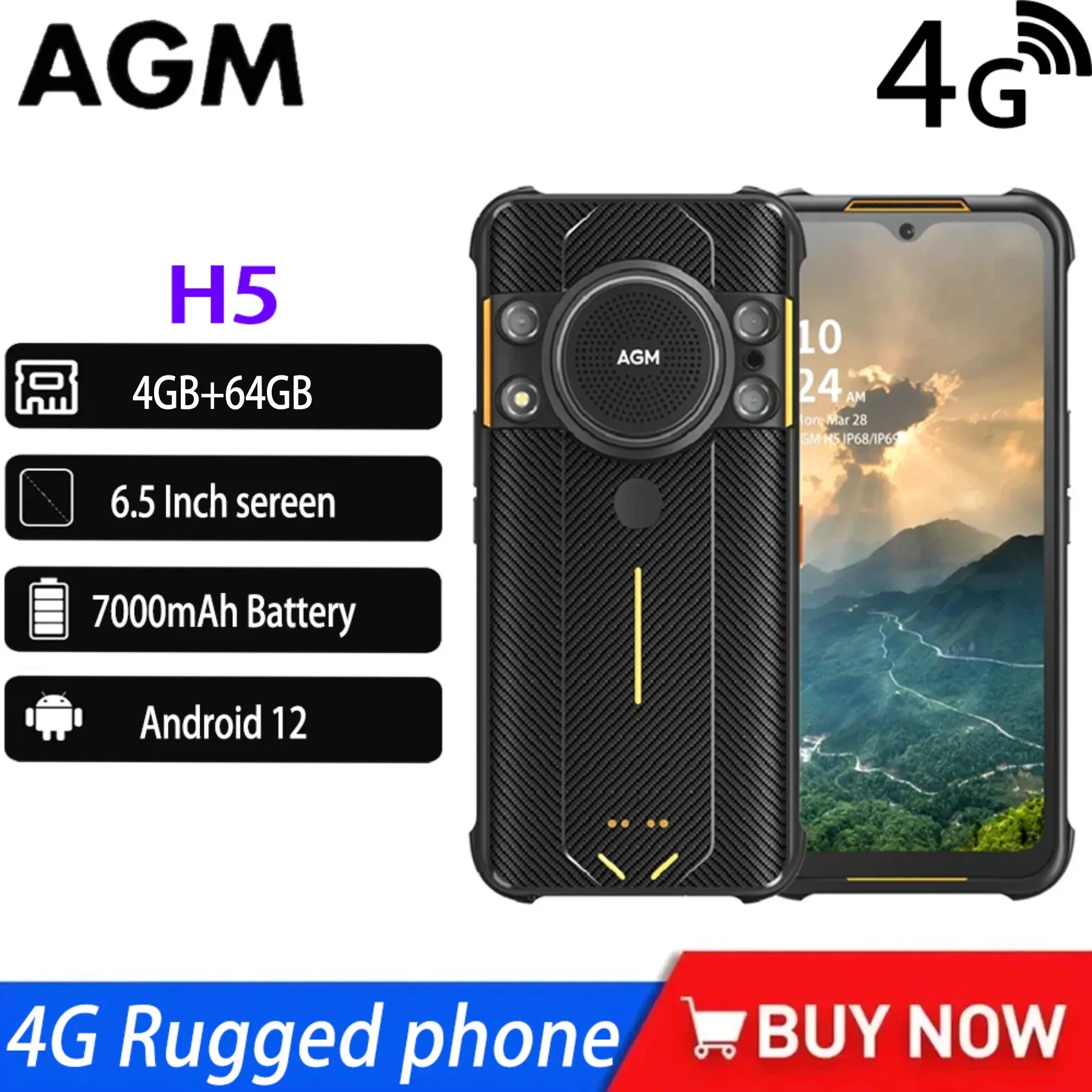 AGM H5 4G Rugged Smartphone 6.5inch 4+64GB 7000mAh IP68/IP69K Android12 Night Vision Phone 3.5W Loud Speaker NFC Mobile Phones