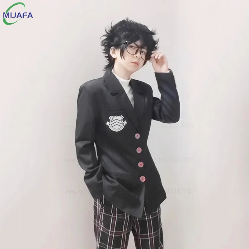 High Quality Game P5 Amamiya Ren Cosplay Wig Kurusu Akira Wig Short Black Curly Heat Resistant Synthetic Hair Anime Wigs +WigCap image 2