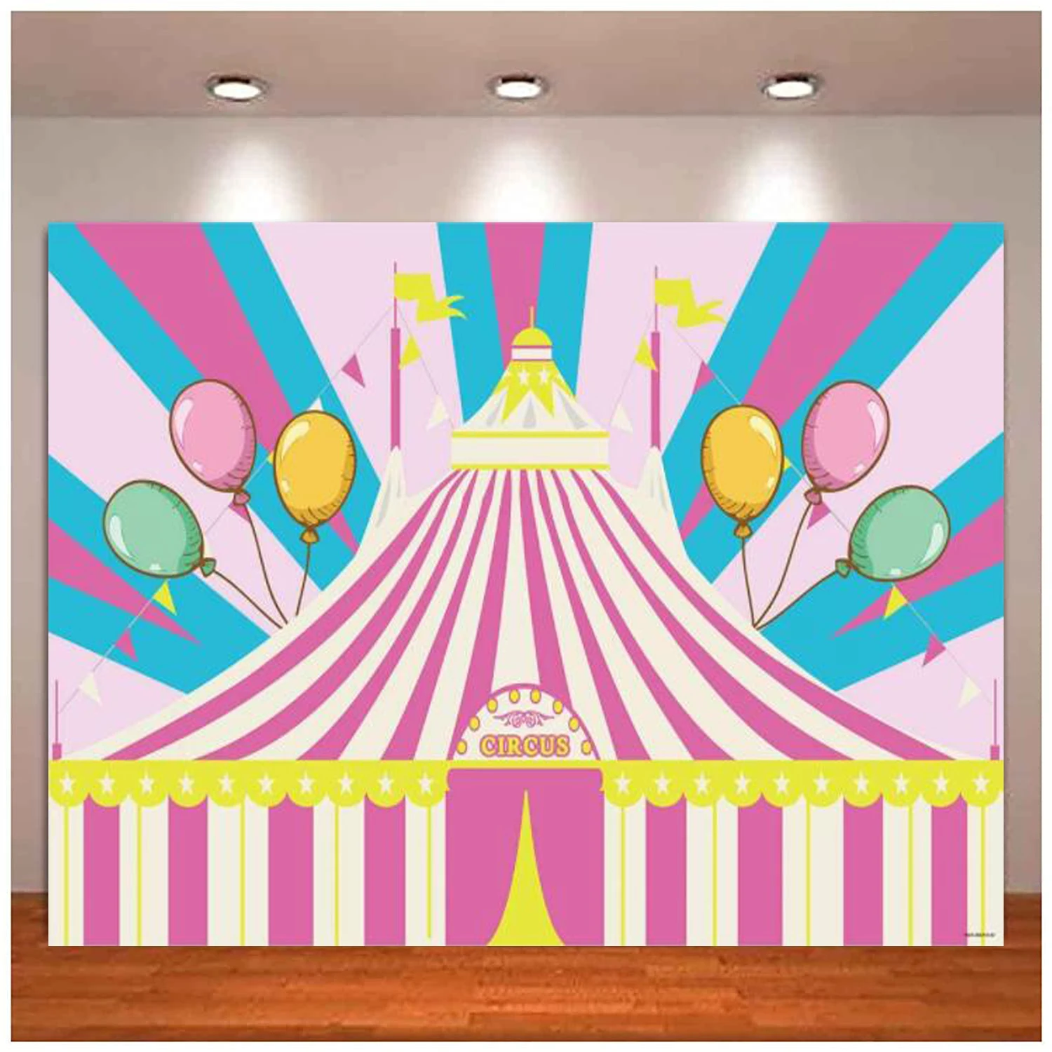 

Pink Tent Circus Backdrop Girls First 1st Birthday Party Newborn Baby Shower Dessert Table Decor Colorful Balloons Background