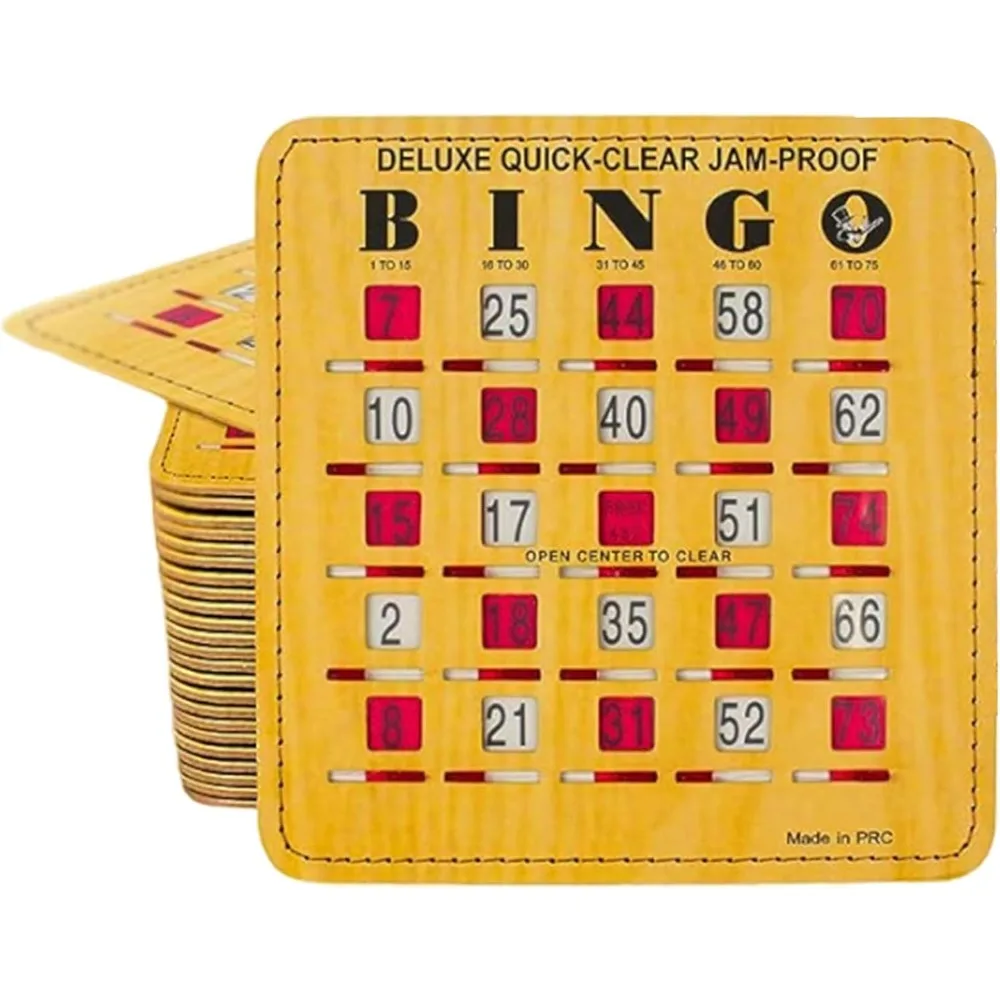 

Jam-Proof Quick-Clear Deluxe Fingertip Slide Bingo Cards with Sliding Windows - 200 Pack in Woodgrain Style