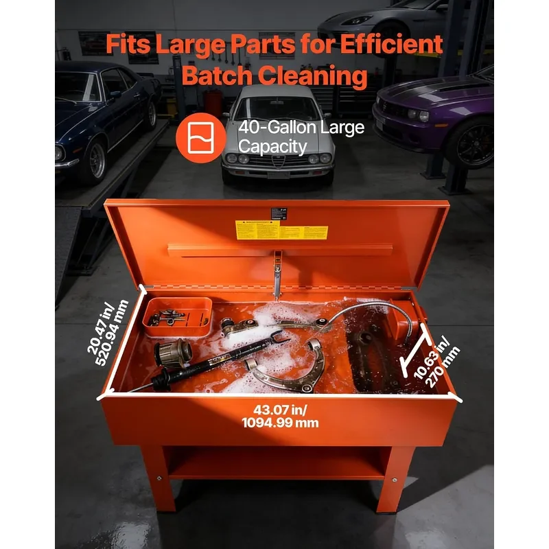 Parts Washer 40-Gallon, 17 Gallon Solvent Capacity, 1 Gallon per Minute Max Pump Output, Steel Cabinet Electric Pump