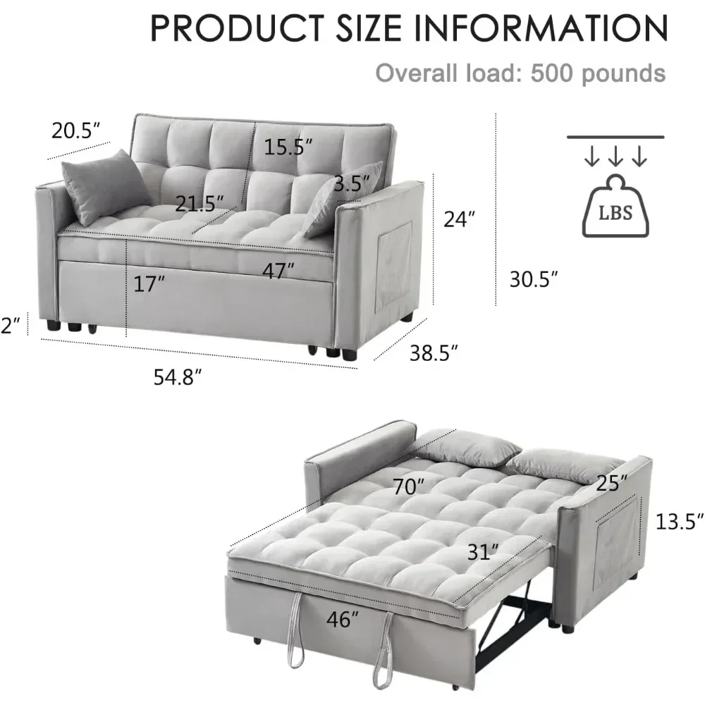 Convertible Sleeper Sofa Bed, Modern Velvet 3-in-1 Couch Pullout Bed with Adjustable Backrest, Storage Pockets and Toss Pillows